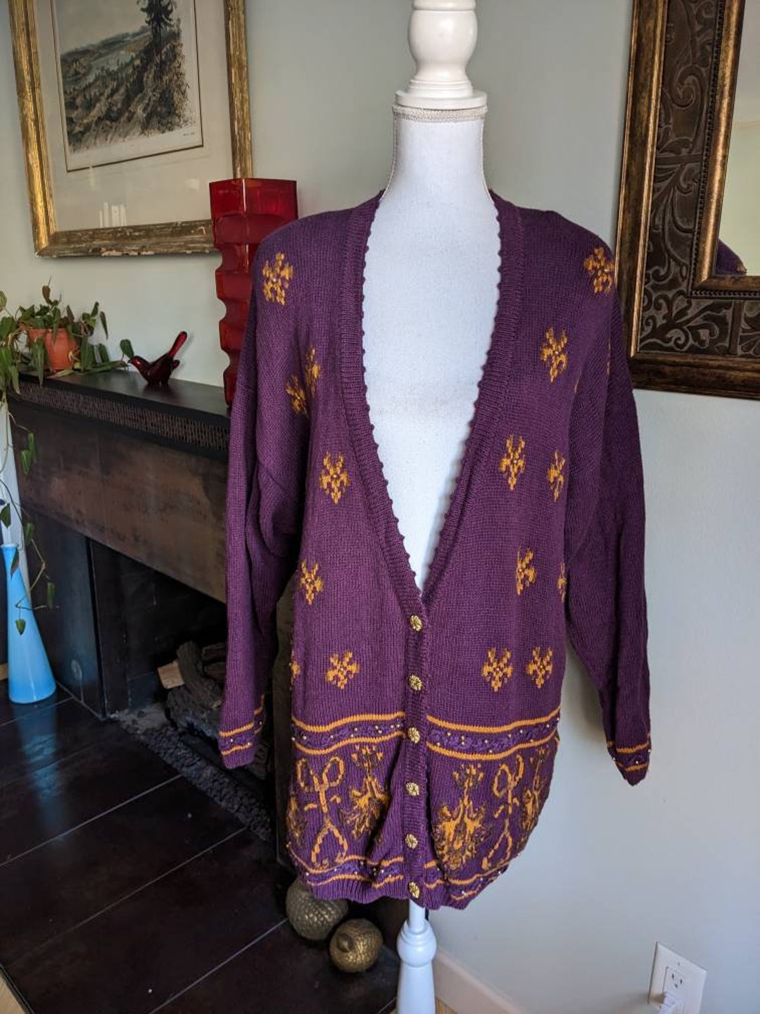 1950s Purple Embroidered Cardigan Sweater