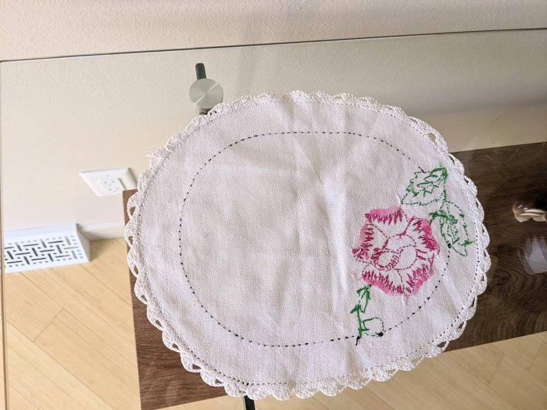 Embroidered Small Table Linen Doilie Style Flower Rose Design Pink Craft Journal