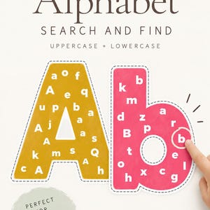 May include: A printable activity sheet titled Alphabet Search and Find featuring a large yellow letter A and a large pink letter b filled with various lowercase and uppercase letters. The design includes the text Printable Activity and Instant Download.