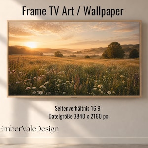 Könnte beinhalten: Ein digitales Frame TV-Kunstdisplay mit einer Landschaft aus einer goldenen Wiese bei Sonnenaufgang mit Wildblumen, Hügeln und Bäumen. Der Text lautet Frame TV Art / Wallpaper, Seitenverhältnis 16:9, Dateigröße 3840 x 2160 px und EmberValeDesign.