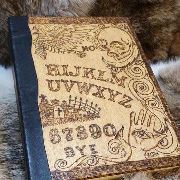 GRIMORIO OUIJA, copertina in legno e pelle, disegnata a mano, 15x21.5 cm, Agenda Taccuino Notebook Wicca Gothic