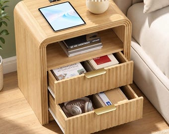 Natural Oak Nightstand, 2 Drawer Bedside Table, Bedroom Storage Cabinet, Charging Station, Modern Wooden Nightstand