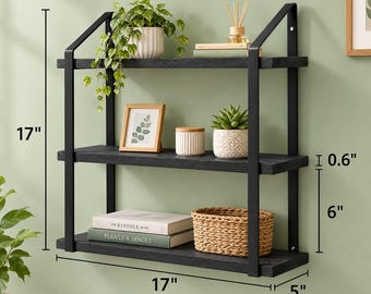 3 Tier Floating Wall Shelf, Black Rustic Wall Decor, Plant Display, Bathroom Storage