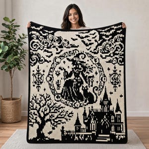 Witch Crochet Blanket Pattern Halloween Overlay Mosaic Crochet PDF, Gothic Witch Cat Moon Blanket Throw Sc Dc Graphgan Chart Pattern