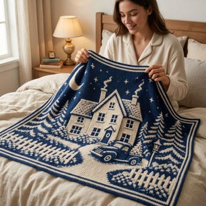Puede incluir: Una manta de ganchillo azul marino y crema con una escena invernal que incluye una casa, una camioneta, pinos, una valla, una luna creciente y estrellas. El diseño es bicolor y cuenta con un borde decorativo alrededor de todo el contorno.