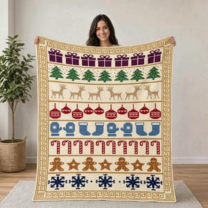 Christmas Tapestry Crochet Blanket Pattern, Greek Key Border, Holiday Sampler (PDF)