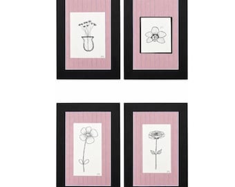 SPECIALE COLLECTIE: Gestreepte bloemen | Pointillisme fijne lijntekening (5x7" passe-partout)