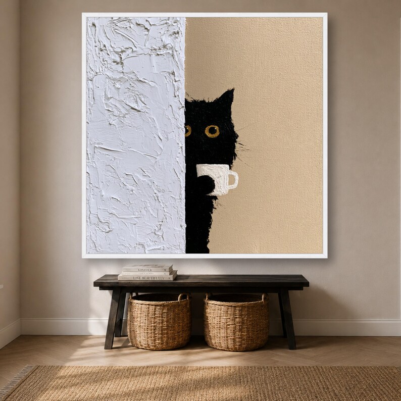 Black Cat Wall Art Print, Whimsical Home Decor, Cute Cat Canvas Print ...