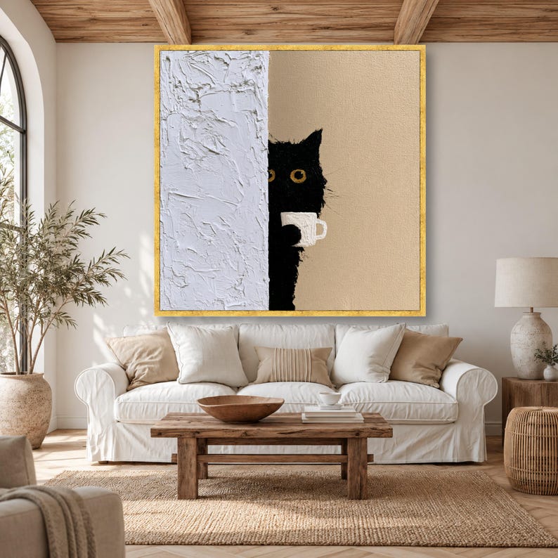 Black Cat Wall Art Print, Whimsical Home Decor, Cute Cat Canvas Print ...