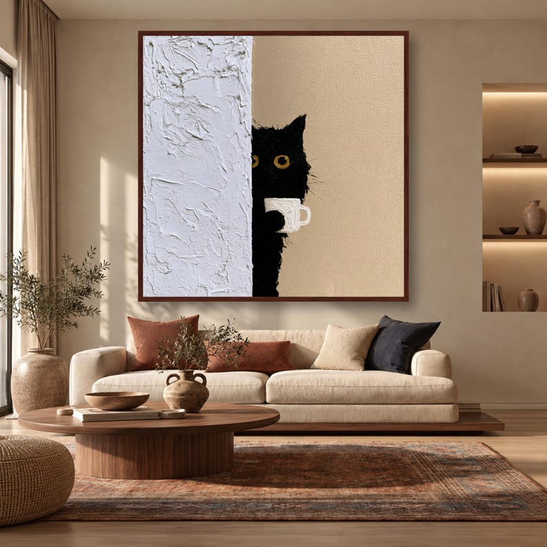 Black Cat Wall Art Print, Whimsical Home Decor, Cute Cat Canvas Print ...