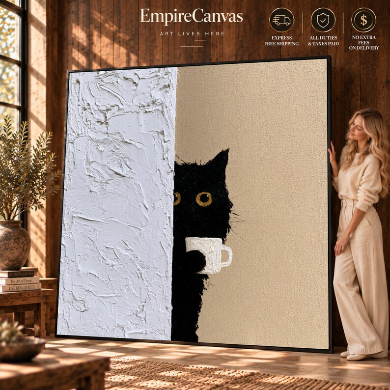 Black Cat Wall Art Print, Whimsical Home Decor, Cute Cat Canvas Print ...