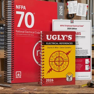 May include: A red NFPA 70 National Electrical Code 2026 Edition spiral-bound book next to a smaller yellow and red Ugly's Electrical References 2026 Edition book, with an accompanying instruction sheet and index tabs visible in the background.
