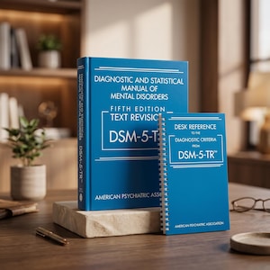 May include: A blue hardcover book titled Diagnostic and Statistical Manual of Mental Disorders Fifth Edition Text Revision DSM-5-TR and a matching blue spiral-bound Desk Reference to the Diagnostic Criteria from DSM-5-TR.