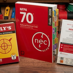 May include: A set of electrical reference materials including a yellow spiral-bound Ugly's Electrical References 2026 book, a red NFPA 70 National Electrical Code 2026 book with colorful index tabs, and a package of NFPA 70 index tabs.