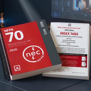 May include: A spiral-bound NFPA 70 National Electrical Code 2026 book with a red and black cover, featuring the NEC logo and text. Beside it is a white instructional sheet titled Index Tabs for the 2026 Edition, detailing usage instructions.
