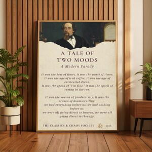 Arte de parede inspirada em "Um Conto de Duas Cidades", Impressão "Um Conto de Dois Humores", Paródia Moderna de Charles Dickens, Pôster Literário Divertido, Presente de Decoração para Amantes de Livros