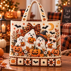 Spooky Western Ghost Quilted Tote Bag, Western Cowboy Ghost Patchwork Shoulder Bag, Mama Of Little Boos Halloween Tote Bag Gift For Mom
