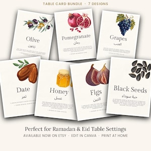 May include: A Sunnah Fruits table card bundle featuring seven designs with watercolor illustrations of olives, pomegranates, grapes, dates, honey, figs, and black seeds. Each card includes the English name, Arabic text, and a related quote.