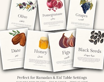 Cartões de mesa com frutas da Sunnah, placa de comida islâmica para imprimir, decoração de mesa para o Eid do Ramadã, citações do Alcorão e Hadith, download digital editável do Canva