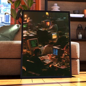 May include: A framed wall art print depicting a dimly lit room filled with vintage computer equipment and multiple people working at desks. The scene features beige CRT monitors, keyboards, and various electronic components in a workspace.
