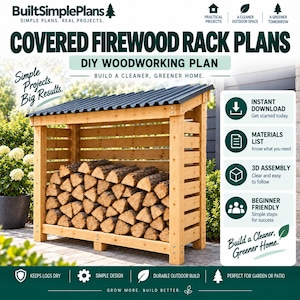 May include: A wooden firewood rack with a dark corrugated roof, filled with stacked logs. The image includes text: BuiltSimplePlans, Covered Firewood Rack Plans, DIY Woodworking Plan, Build a Cleaner, Greener Home, and various icons.
