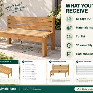 May include: A digital product listing for a simple outdoor bench featuring a wooden bench with a slatted back and seat. The graphic includes text: Simple build. Lasts for years. WHAT YOU'LL RECEIVE, 13-page PDF plan, Materials list, Cut list, 3D assembly steps, Final checklist, and BuiltSimplePlans.