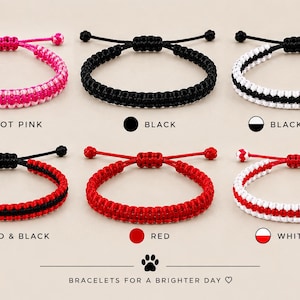 May include: Six adjustable cord bracelets in hot pink, black, black and white, red and black, red, and white and red. Each bracelet features a woven pattern with a sliding knot closure. Text reads: HOT PINK, BLACK, BLACK & WHITE, RED & BLACK, RED, WHITE & RED, and BRACELETS FOR A BRIGHTER DAY.