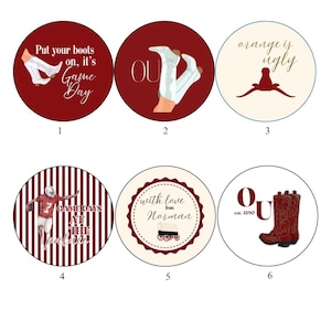 May include: A set of six circular stickers featuring various designs: white boots on maroon with text, white boots on maroon with OU, a longhorn graphic with text, a football player on stripes, a wagon with text, and red boots with OU text.