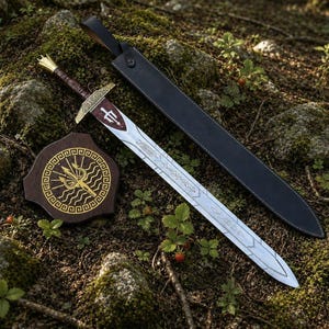 May include: A metal sword with a dark brown leather-wrapped handle, a brass crossguard, and a blade featuring an etched trident symbol in red. Beside it lies a black leather scabbard and a dark wooden shield plaque with a gold trident emblem.