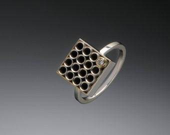 Geometric Silver, Gold and Diamond Grid Ring