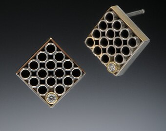 Silver, Gold and Diamond Grid Earrings