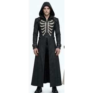 Custom Ghost Skeleton Style Lambskin Leather Hooded Trench Coat | Gothic Victorian Vampire Long Duster Jacket | Halloween Cosplay Costume
