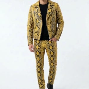 Custom Snakeskin Print lambskin Leather Biker Jacket & Pants | Vintage Style Biker Moto Costume | Python Pattern  Embossed Outerwear
