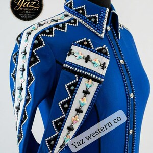 Königsblaues Western-Showshirt für Damen – Verzierte Reitbekleidung, Rodeo-Queen-Outfit, Strass-Cowgirl-Showmanship-Top