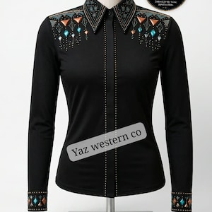 Black Embellished Western Shirt | Turquoise, Copper, Rhinestone Studded (Form-Fitting)