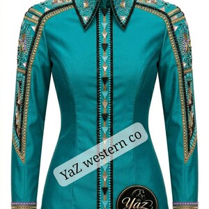 Custom Western Show Shirt for Women - Turquoise Stretch Taffeta Equestrian Top with Stone Accents - Rodeo Queen, Showmanship shirt