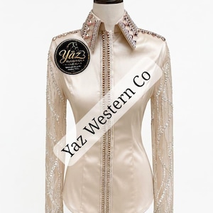 Champagne Western Show Shirt – Sheer Crystal Pearl Embellished Sleeves, Rose Gold Studs