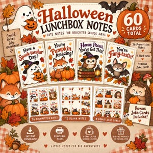 Op de afbeelding: Een set van 60 Halloween lunchboxbriefjes met illustraties van spoken, vossen, uilen en vleermuizen met teksten zoals Have a Spook-tacular Day, You're Pumpkin Amazing, Hocus Pocus You've Got This en You're Fang-tastic, inclusief 36 voorgeschreven, 15 blanco en 9 grapkaarten.