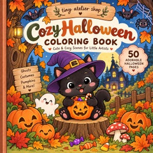 Op de afbeelding: Een kleurboek getiteld Cozy Halloween Coloring Book met een omslagillustratie van een zwarte kat met een paarse heksenhoed, zittend op een boomstronk met een pompoenemmer. De scène bevat geesten, pompoenen en herfstbladeren.
