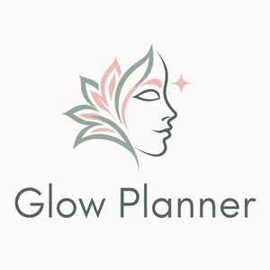 May include: A logo featuring a stylized profile of a face with a floral arrangement of sage green and soft pink leaves extending from the head, accompanied by a small four-pointed star icon and the text Glow Planner in a dark gray sans-serif font.