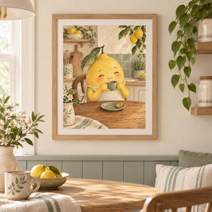 May include: A framed wall art print depicting a yellow lemon character with a smiling face, wearing an apron, sitting at a wooden table, and holding a small green cup of coffee. The scene includes a saucer with a cookie and a kitchen background.