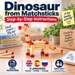 Puede incluir: Una figura de dinosaurio construida con cerillas de madera clara con puntas rojas. El texto dice: Dinosaur from Matchsticks Step-by-Step Instructions, A fun family activity!, Small project - Big joy!, Creativity builds a brighter tomorrow!, Small Sticks Big Ideas, DIGITAL INSTRUCTIONS, 3 LANGUAGES ENGLISH ESPAÑOL РУССКИЙ, FAMILY CRAFT BEST ASSEMBLED TOGETHER WITH PARENTS.