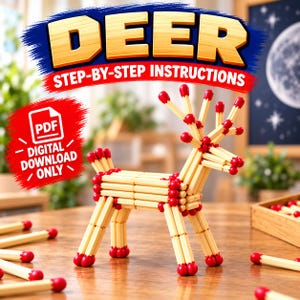 Może przedstawiać: Rzeźba jelenia wykonana z jasnych drewnianych zapałek z czerwonymi końcówkami. Tekst DEER STEP-BY-STEP INSTRUCTIONS oraz PDF DIGITAL DOWNLOAD ONLY znajduje się nad rzeźbą na drewnianej powierzchni z luźnymi zapałkami.