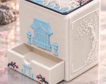 Kitsune Shrine Deck Box | Japanese Inspired TCG Storage | Sliding Lid & Accessory Drawer | Custom Colors