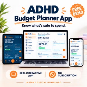 Op de afbeelding: Een laptop, tablet en smartphone met de interface van de WalletSpace ADHD Budget Planner App. De schermen tonen een huidig saldo van $2.177,00 en maandelijkse uitgaven van $272,13. De tekst bevat ADHD Budget Planner App, Free Demo, Real Interactive App, No Subscription en Instant Digital Download.