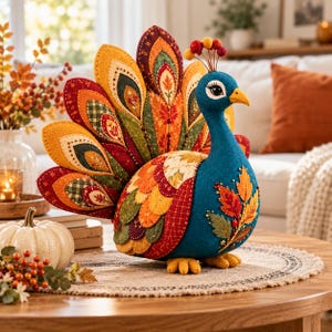 May include: A fabric peacock figurine featuring a deep blue body and a large, fanned tail made of layered, quilted felt petals in autumn colors including orange, red, yellow, and green, accented with embroidered leaf patterns and small beads.