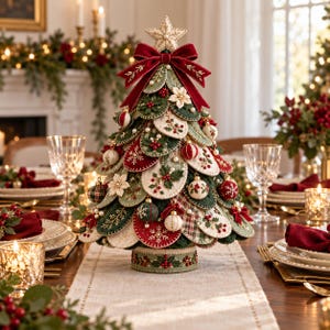 May include: A decorative tabletop Christmas tree constructed from layered, scalloped felt fabric pieces in shades of forest green, cream, and deep red. The tree is adorned with embroidered holly, snowflakes, small ornaments, and a large red velvet bow.