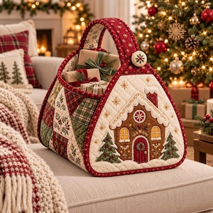 Pode incluir: Uma cesta de tecido acolchoado com formato triangular e uma única alça, apresentando um design de patchwork com padrões natalinos em vermelho e verde. A lateral exibe uma casa de gengibre aplicada com detalhes bordados, contendo três pequenos presentes.