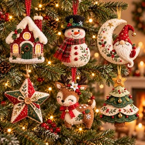 May include: A set of six felt Christmas ornaments featuring a house, a snowman with a plaid scarf, a gnome on a crescent moon, a star with a wooden button, a reindeer with a red bow, and a layered Christmas tree with small gold bells.