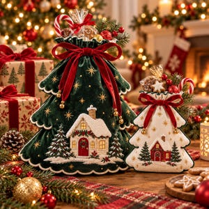 May include: Two tree-shaped fabric gift bags with velvet and linen textures. The larger bag is dark green with a red velvet bow, featuring an embroidered house and pine trees. The smaller bag is cream with a red bow and similar embroidery.